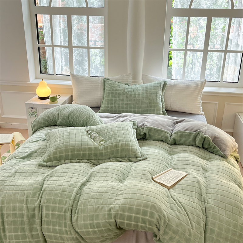 冬季加厚色织方块加绒四件牀品面法兰绒面被牀单牀笠