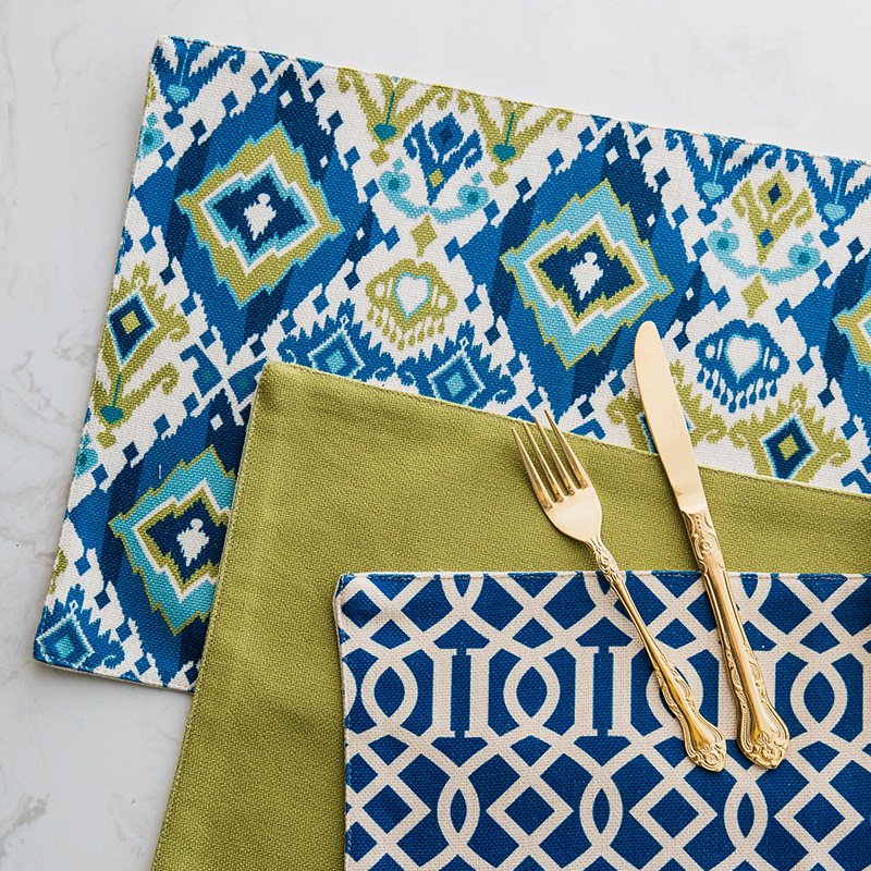 赫本家棉麻清新淡雅蓝色叶子餐垫西餐定制布艺餐巾布餐厅美食垫子