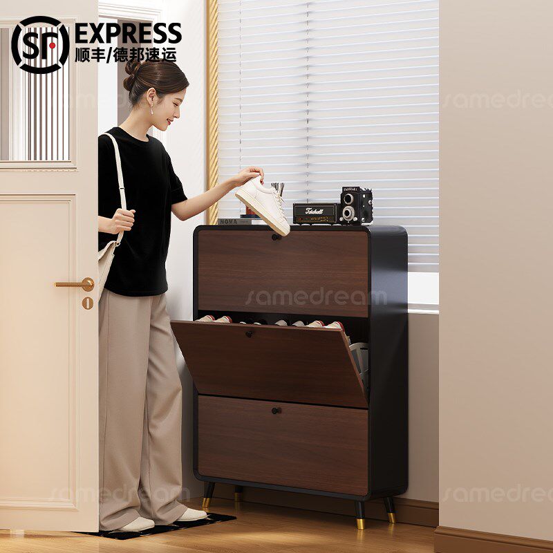 三梦实木超薄款鞋柜家用门口胡桃木色入户玄关翻斗鞋柜极窄走廊用