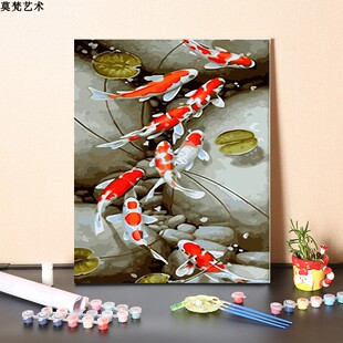 数字油画diy填充手工九条鲤鱼水中嬉闹填色吉祥如意油彩丙烯画画