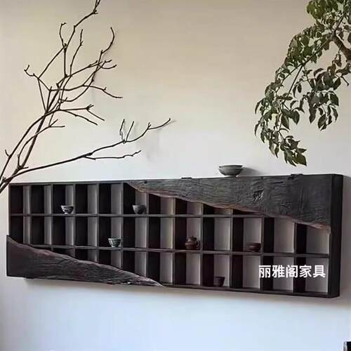 侘寂风博古架实木茶杯架中式多宝阁壁挂式置物古董架子格架层架