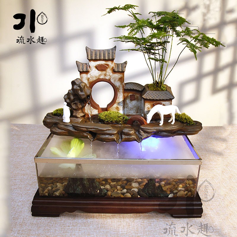流水趣 招财循环流水摆件鱼缸造景客厅盆景乔迁加湿器陶瓷创意假