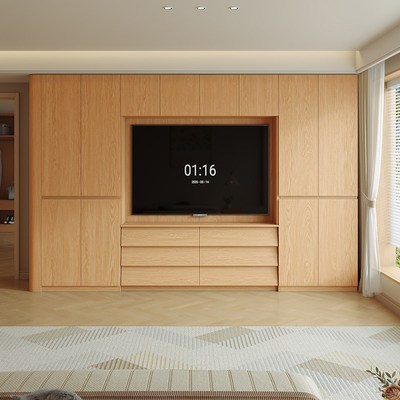 定制全实木橡木分段式圆弧衣柜可嵌入电视新款卧室家用组合大衣橱