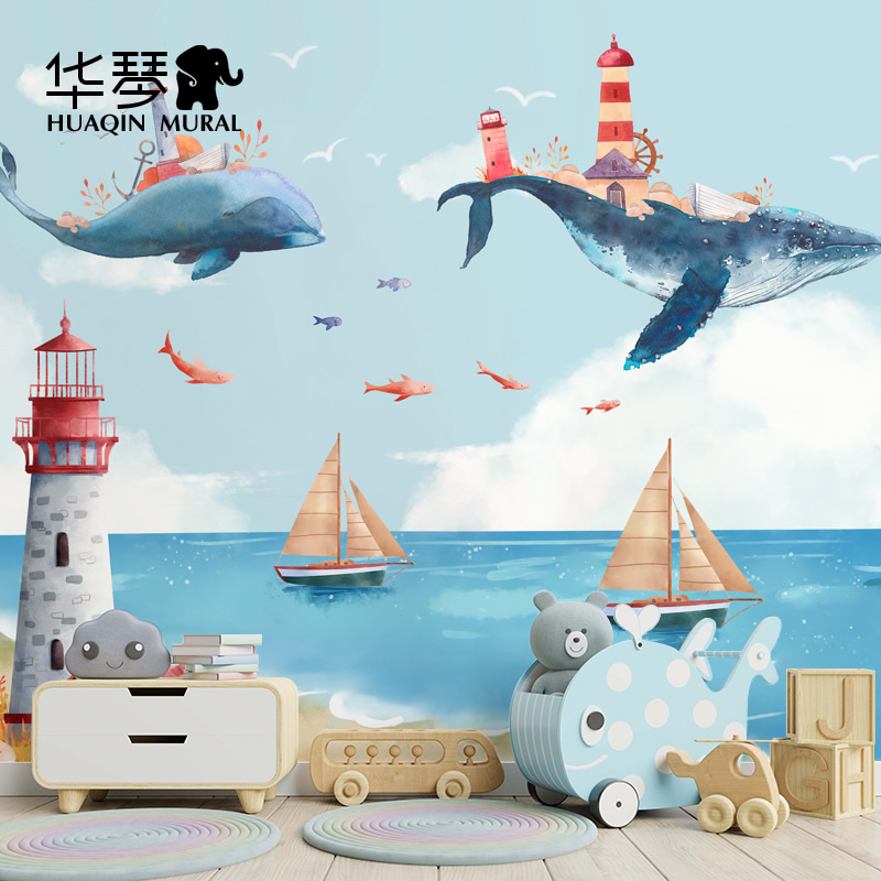 卡通鲸鱼大海男孩女孩儿童房墙纸壁纸环保无缝墙布小清新壁布壁画