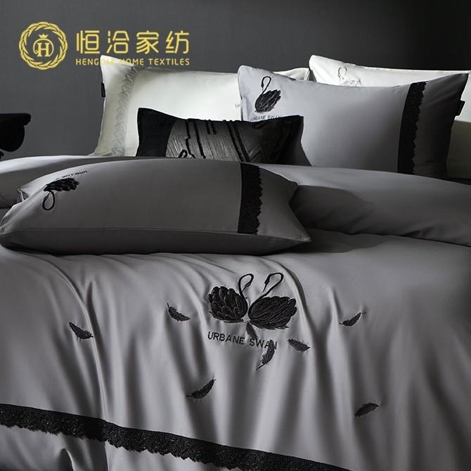 轻奢风超柔长绒棉全棉四件套高端天鹅刺绣纯棉蕾丝边被套床品红色