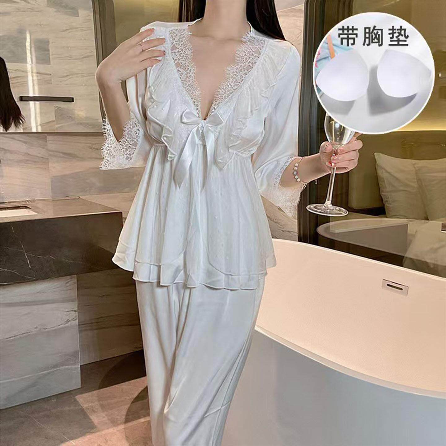 甜美风蕾丝花边V领睡衣套装长袖带胸垫家居服缎面家居睡衣两件套
