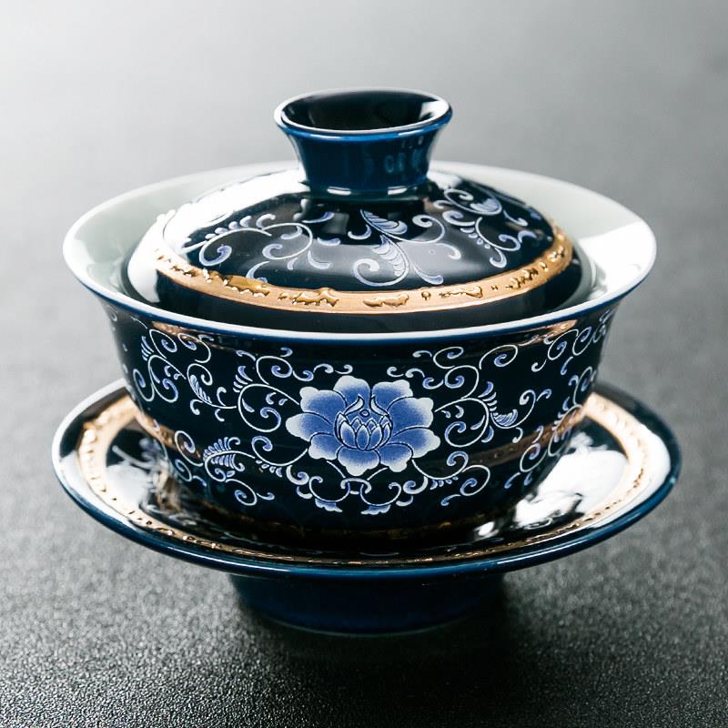 霁蓝釉青花瓷手工三才盖碗茶杯陶瓷功夫茶具泡茶碗敬茶碗大号家用