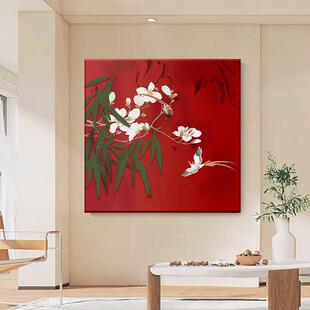 新式中上眉梢纯手绘KUL油画红色庆花鸟图装喜饰画客厅玄关肌喜理