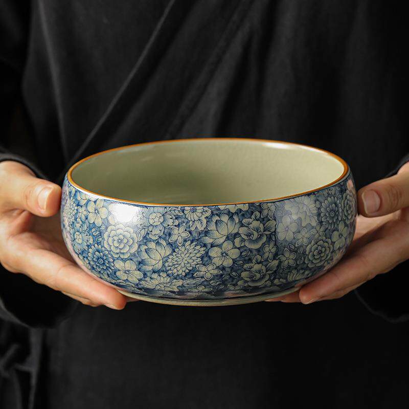 老陶泥青花茶洗家用大号水盂水洗杯洗茶道配件洗茶器建水茶具