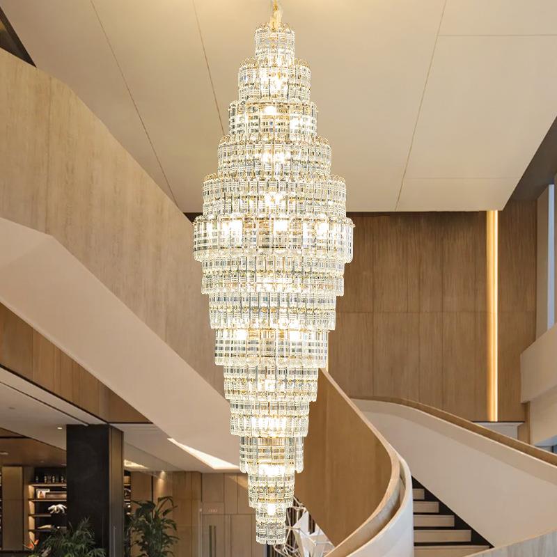 复式楼旋转楼梯水晶吊灯现代客厅长吊灯别墅酒店跃层奢华大气大吊