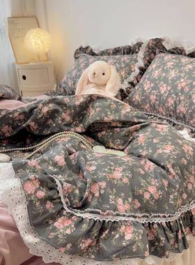 仙女款荷叶边全棉四件套紫色花儿纯棉被套田园风1.5m1.8床裙床品