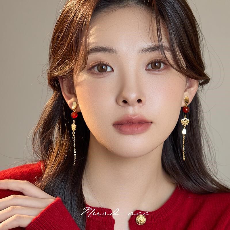 【宫灯火舞】新中式新年耳环红色蚊香盘耳夹女无耳洞耳饰绝美耳钉