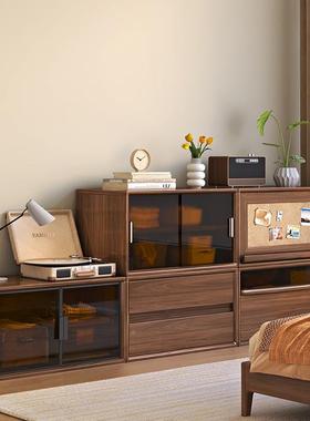 储黑胡桃木实木飘窗柜多能落地ROT组功合柜墙客靠厅卧室收纳物床