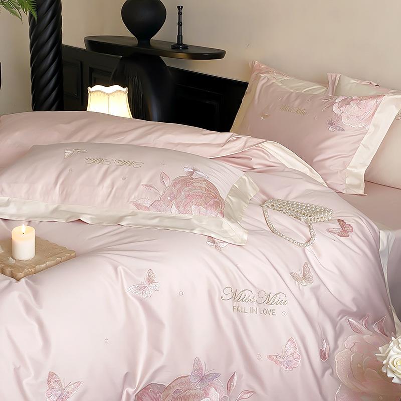 公主风高端100S匹马棉全棉四件套花卉刺绣被套纯棉床品床笠粉蓝色