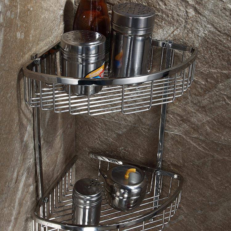 0JVC4不锈钢角挂架抛光双层角网篮壁式卫生间厨房浴室3扇形置物转