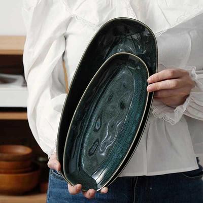 源头窑变釉椭圆鱼盘厅家用号形菜盘日式大餐寿司盘刺FFR身盘长条