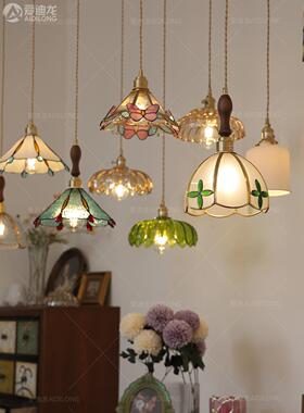 复古式黄色铜纯手焊道锡灯美式风法格床头717餐厅过彩玻璃小吊灯