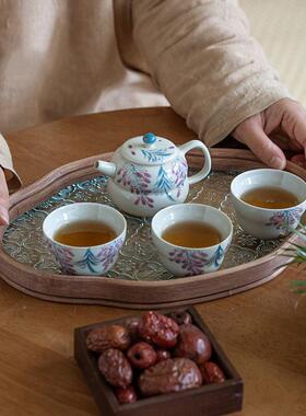 草木手绘紫藤花茶壶壶两三灰杯茶盘57770套组泡茶具壶茶杯功夫一