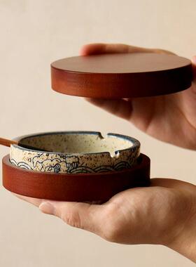 日64009用式烟缸灰缸家陶瓷复古防飞灰有带盖办室烟个性防风公时