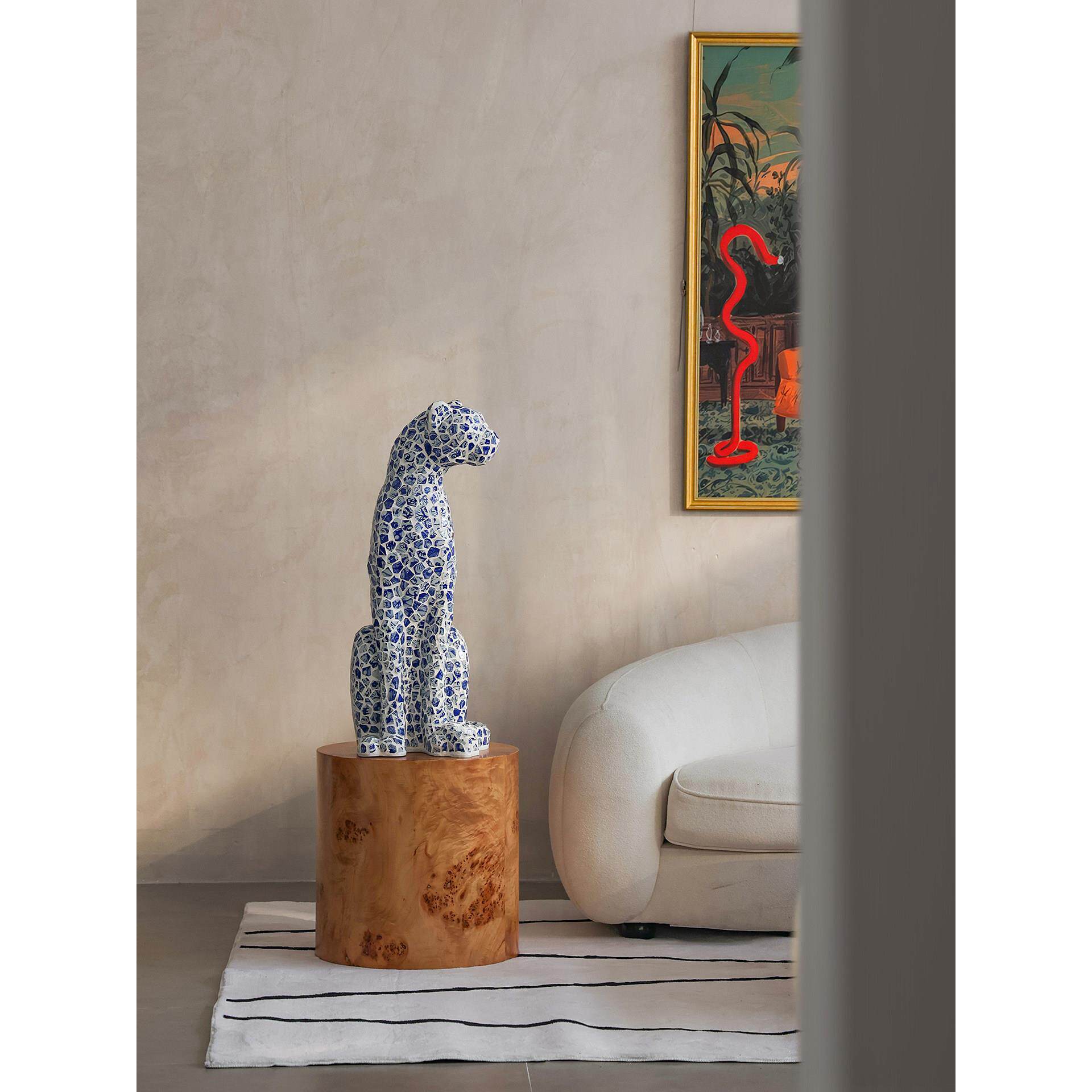 戊际法式轻奢艺术青花豹子雕塑创意陶瓷手工贴片客厅玄关开运摆件