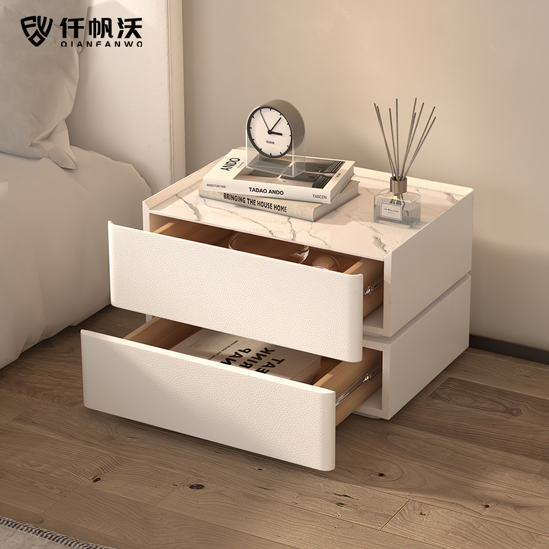 现代简约实木床头柜皮艺岩板层木柜子落地奶油风卧室床边柜整装