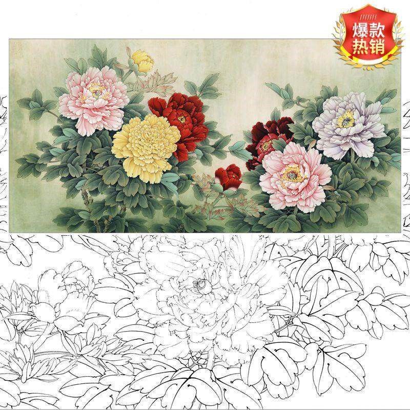 工笔画白描底稿A3步骤图初学者勾线练习牡丹花鸟临摹图