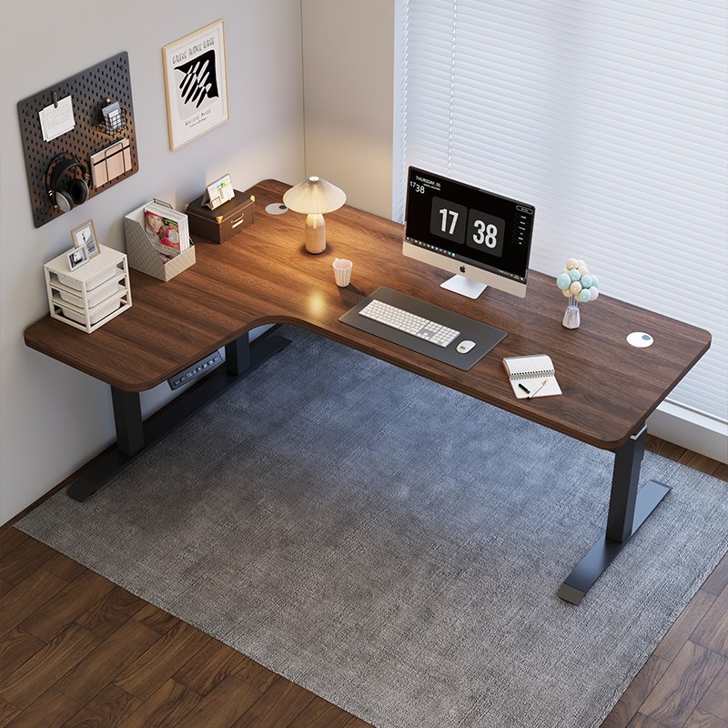 转角智能电动升降桌家用卧室人书房书桌L型实木办公桌子工作台