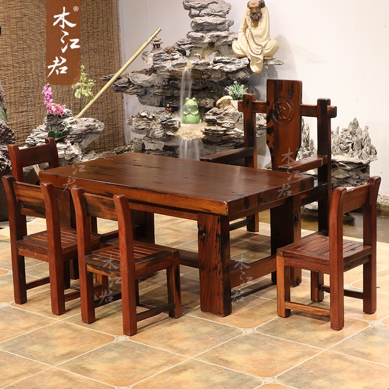 木江君老船木餐桌茶桌中式实木板桌仿古原木简约长方形饭桌经济型