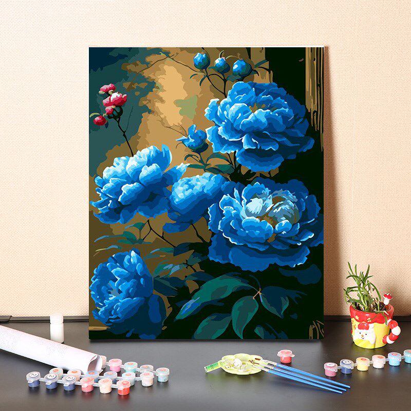 数字油画diy手工填充中式复古蓝色牡丹花手绘填涂色装饰油彩画画