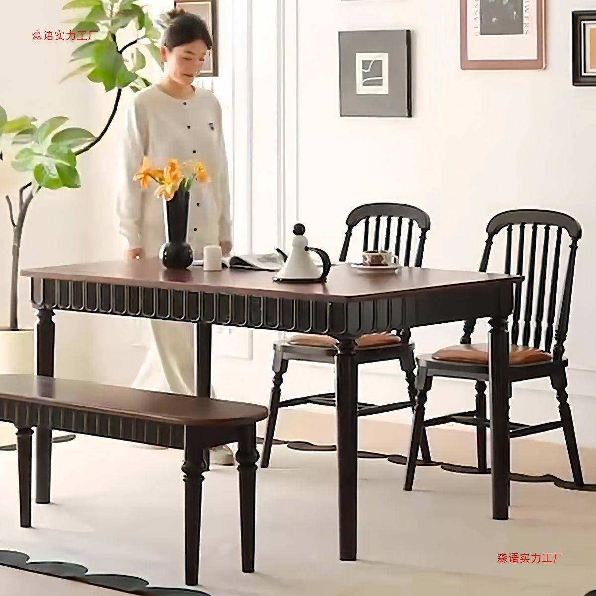 法式美式实木复古餐桌餐桌椅组小户型古合风用家长方形ZRH桌饭子