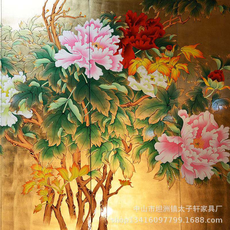 中式古典手绘漆画金箔屏风酒店家居客厅玄关隔断电视背景折屏店装