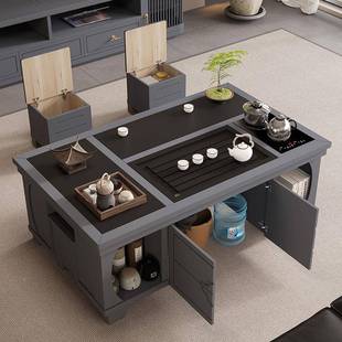 新中式 岩办公几BQX客厅家烧用水壶储物泡茶茶一体板茶几茶桌绢花