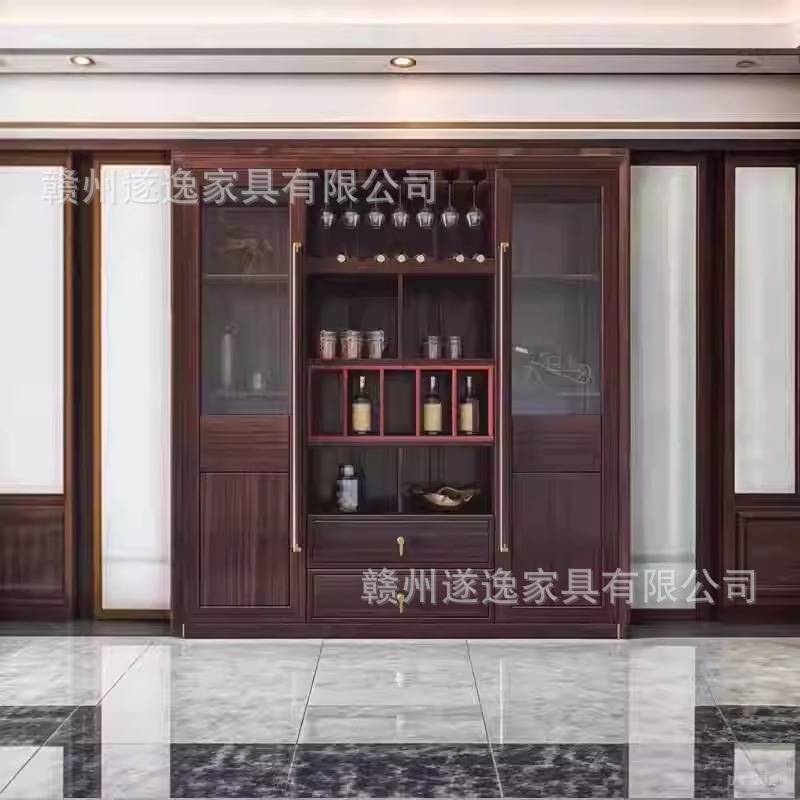 乌金木酒柜餐边柜一体靠墙展示柜客厅储物柜红酒洋新中式实木酒柜