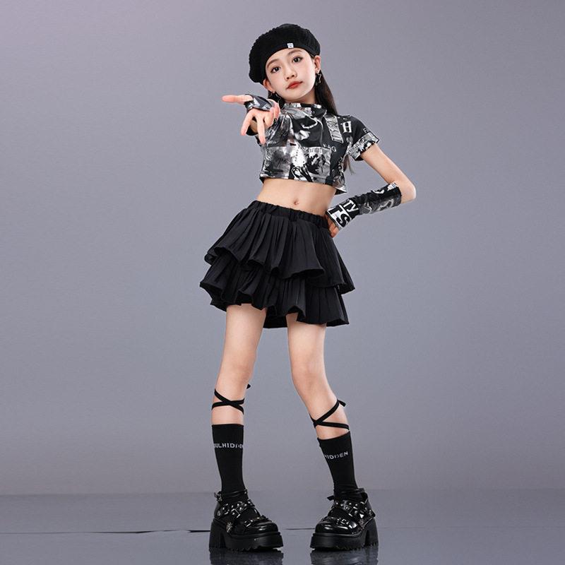 少儿爵士舞演装出服女童服潮酷模儿特露脐走秀潮亮片SAA服童架子
