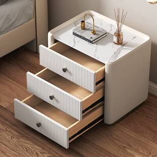 轻奢卧室床头柜三斗柜现代简约全实木岩板台面烤漆床边柜三抽屉