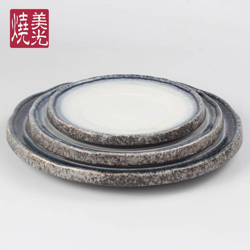 日式无品牌/加厚边圆陶瓷餐盘纹年轮铁板形烧烤肉寿司刺身平盘子