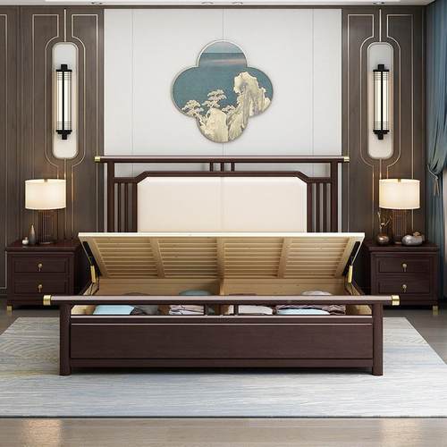 奢新中式实木床.8米双人床轻1现代简约软靠大婚床主ZGL卧.5米1储