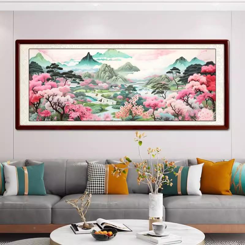 2蒙娜丽十字迎春图2莎04今年新款绣客厅卧室风景桃源人家刺绣通用