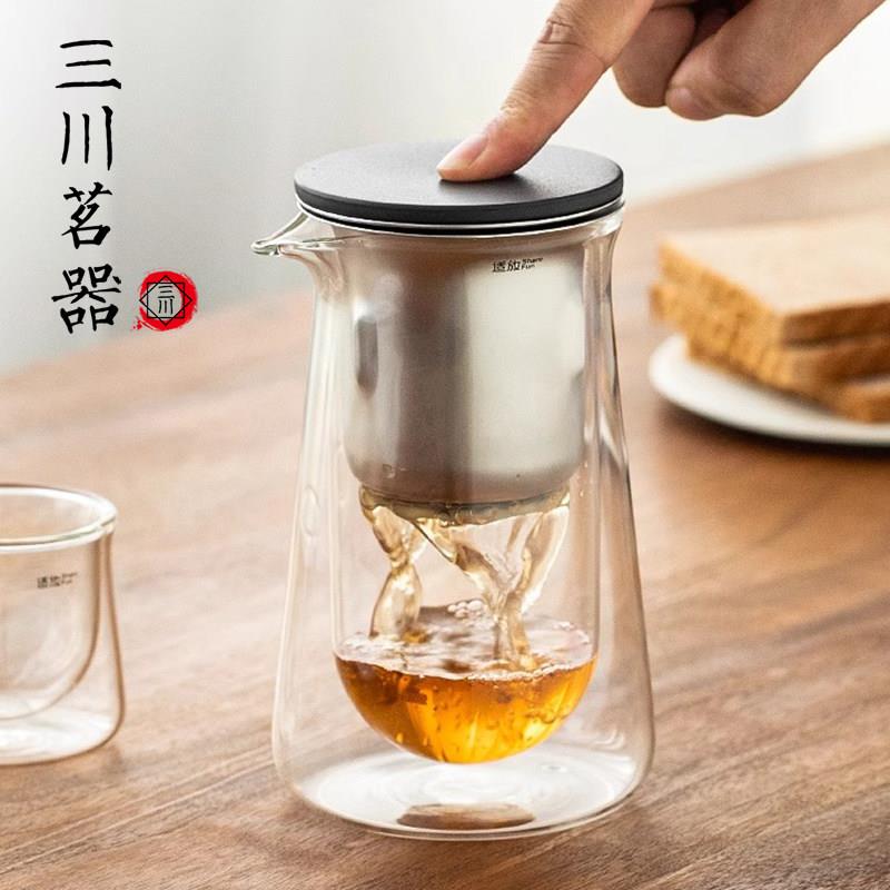 磁吸按压飘逸杯防烫双层玻璃泡茶壶咖啡闷泡壶一键过滤茶水分离杯