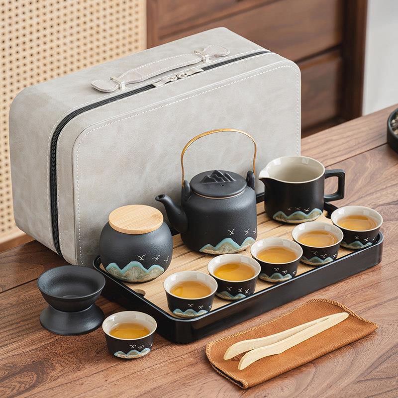 景德镇黑陶青山飞鸟功夫茶具套装家用轻奢高档礼盒装乔迁送长辈生