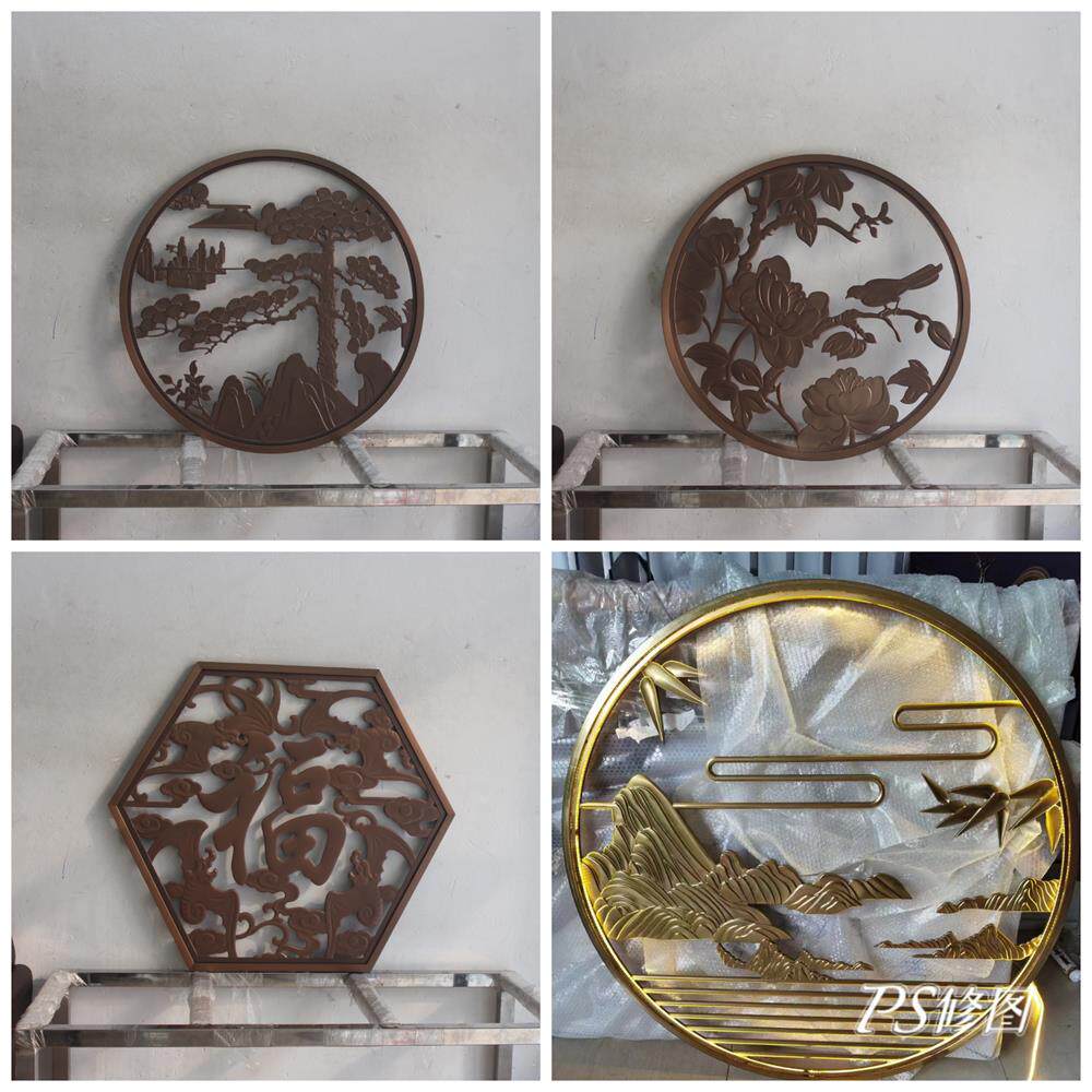 铝板浮雕壁画铝雕屏风背景墙镂空金属花格中式玄关圆形浮雕迎客松