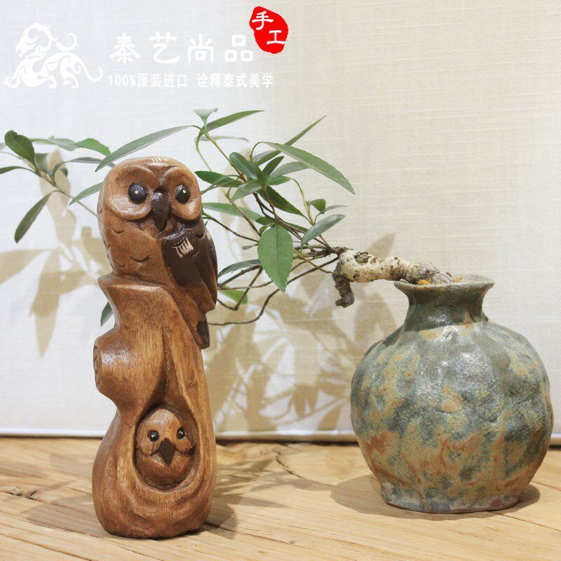 泰国手工木质猫头鹰摆件实木可爱树杈猫酒吧咖啡创意客厅书架装饰