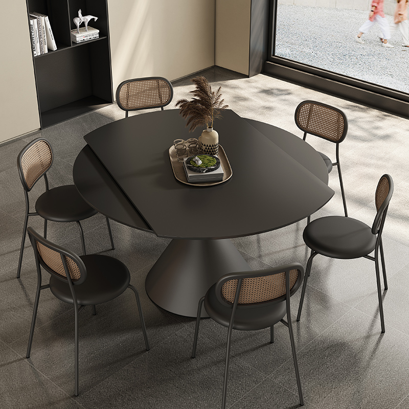 黑色方圆两用岩板餐桌简约现代家用小户型可旋转伸缩多功能变形桌