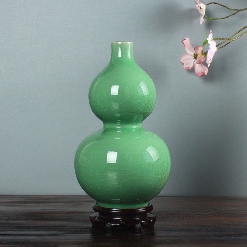 龙泉青瓷花瓶陶瓷摆件特色工艺品哥窑葫芦瓶 茶室书架装饰品瓶子