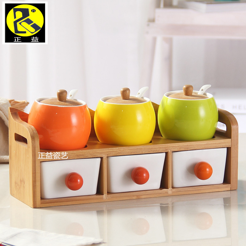 家用创意陶瓷调料盒装玻璃 陶瓷调味罐竹木架调味盒调味罐装
