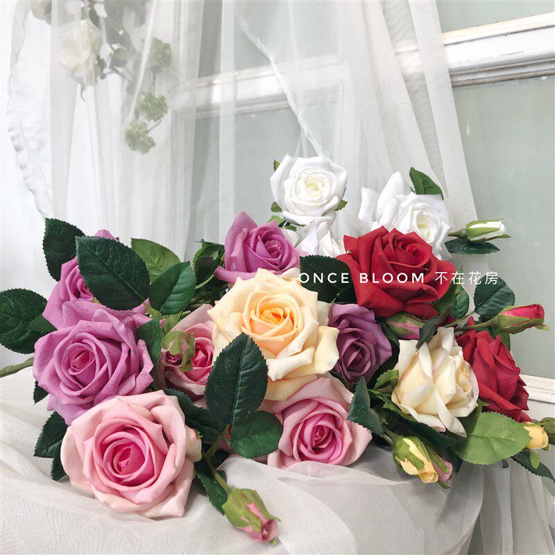 手感保湿玫瑰客厅餐桌玄关摆放花瓶装饰假花卉粉红白色红色香槟色