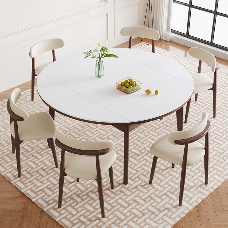 奶油风原木色岩板伸缩餐桌椅现代简约家用小户型实木折叠吃饭桌子