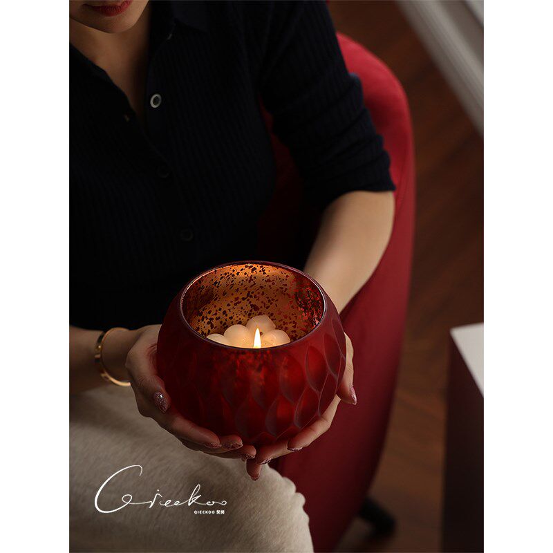 契阔家居 Ruby榴花燃宝石红磨砂玻璃蜡烛杯烛台氛围餐厅装饰摆件