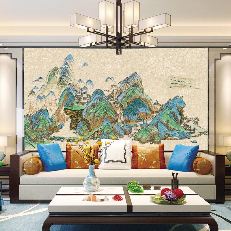 言绣独秀山水墙布独绣千里江山刺绣壁布中式客厅电视沙发背景新款