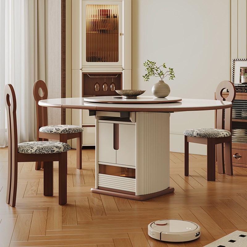 岩板伸缩餐桌可变形圆桌带电磁炉火锅一体中古奶油风多功能饭桌